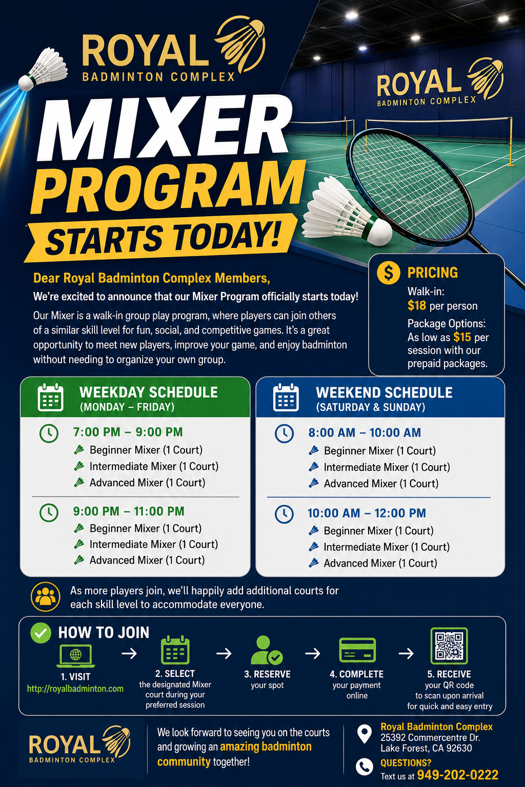 🏸 Royal Badminton Complex Mixer Program Starts Today!
